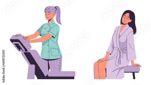 Two women in a medical or spa setting one operating equipment and the other sitting in a robe