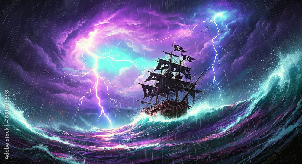 Naklejka premium An epic illustration of a pirate ship sailing through a magical storm with colorful lightning