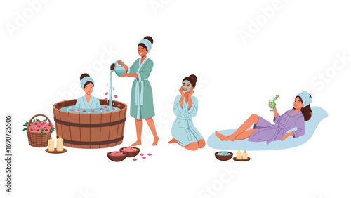 Relaxing spa scene with women enjoying various treatments including a wooden tub bath aromatherapy and a soothing soak in a modern tub