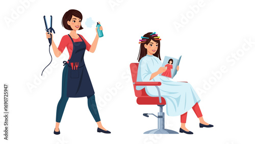 Professional hairstylist holding styling tools and products with a client sitting in a salon chair reading a magazine
