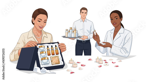 Diverse group of people presenting and receiving skincare products and beauty treatments in a professional and luxurious setting