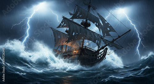 A ghost pirate ship with tattered sails battling a fierce lightning storm on the high seas
