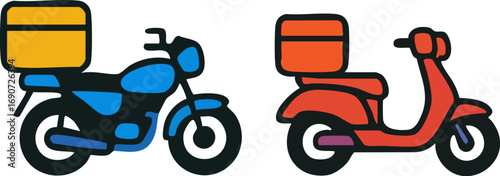 Delivery Motorcycle and Scooter Flat Icons.