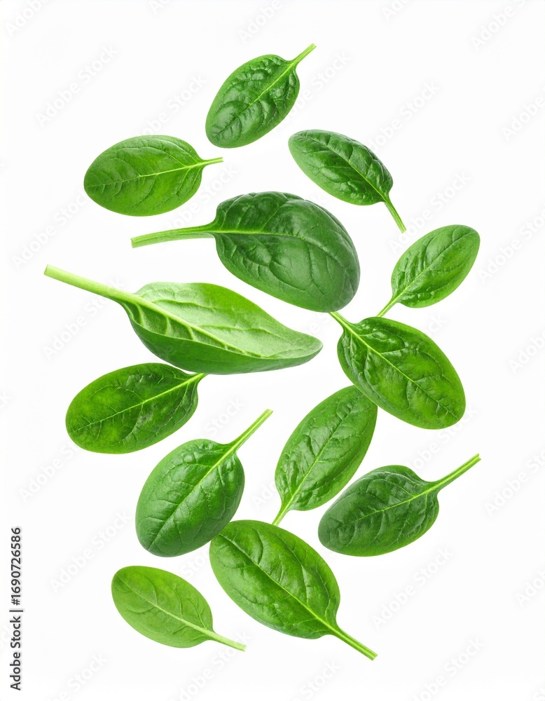 Fototapeta premium Fresh green spinach leaves scattered on white healthy