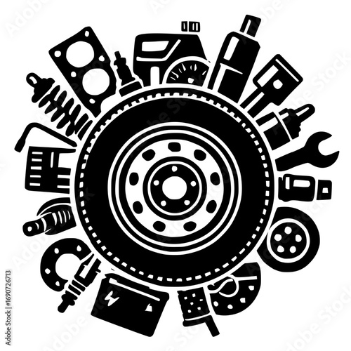 Auto repair and maintenance concept with tire and car parts