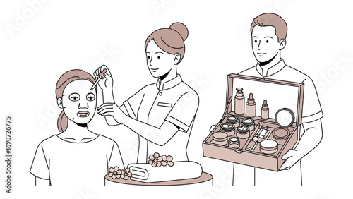 Stylist applying makeup to a client while a colleague holds a box of beauty products and skincare items for a professional salon service