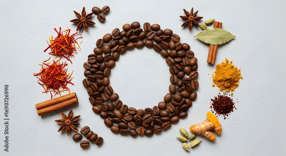 Fototapeta premium Aromatic Spice and Coffee Bean Composition on White Background