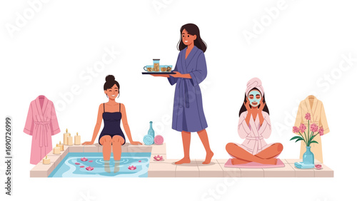 Relaxing spa day with women enjoying a bath facial treatment and massage promoting wellness and self care