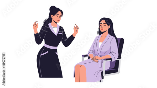 Professional makeup artist applying makeup to a client in a salon or beauty studio with a white background