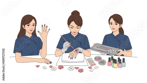 Three professional women in blue uniforms working on nail art and manicures at a table with polish bottles and tools
