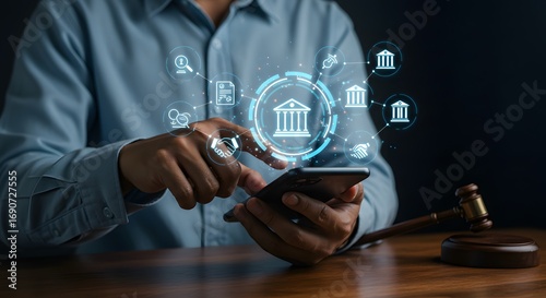 Digital Legal Services and Online Justice Concept with Mobile Phone and Icons