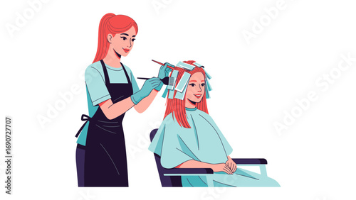 Hair Color Transformation: A stylist meticulously applies hair color to a client's hair in a vibrant salon setting, highlighting the art of hair coloring, self-care, and beauty treatments. 