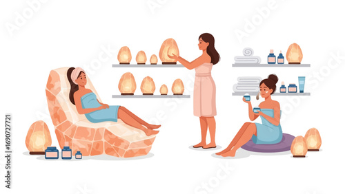 Relaxing spa scene with women enjoying salt lamps and treatments in a tranquil wellness environment with therapeutic ambiance