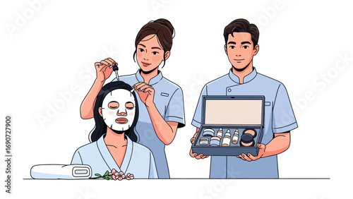 Skincare professionals applying a facial mask to a client while another professional presents a set of beauty products for spa treatments