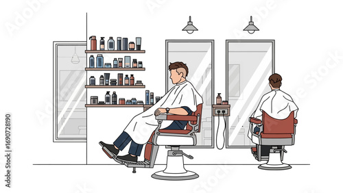 Illustration of a traditional barbershop interior with two men sitting in barber chairs one receiving a haircut surrounded by mirrors and shelves of hair products