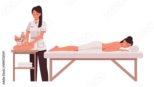 Professional massage therapist performing deep tissue massage on a relaxed client lying on a spa bed