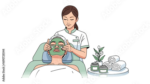 Skilled aesthetician applying a refreshing green facial mask to a client s face for a relaxing spa treatment and skincare rejuvenation