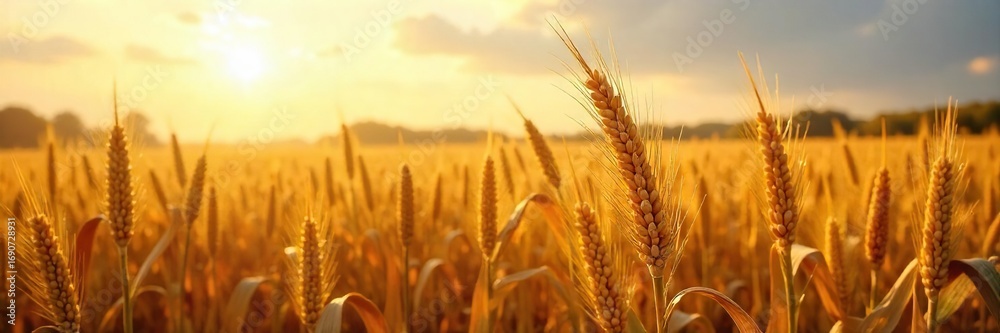 Fototapeta premium Golden corn stalks heavy with ripe ears stand tall in a vast field under a bright autumn sun, ready for harvest A picturesque scene of agricultural abundance , rich, season, bright