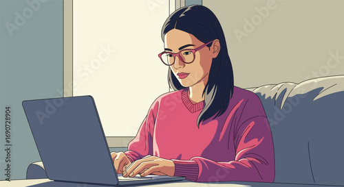 Woman Concentrating on Laptop.