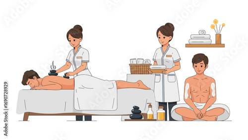Two female therapists perform traditional cupping therapy on a male patient lying on a massage table with a second male patient meditating nearby