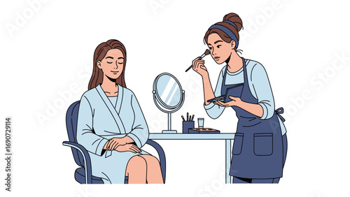 Young woman applying makeup to another woman sitting in a chair with a mirror on the table
