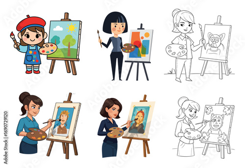 Female artist cartoon illustration painting on canvas, holding palette, creating artwork, drawing portraits, easel background, creative art