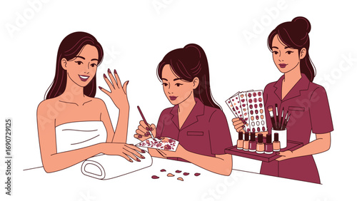 Three women in a beauty salon one receiving a manicure another applying nail polish and a third holding a tray of nail products