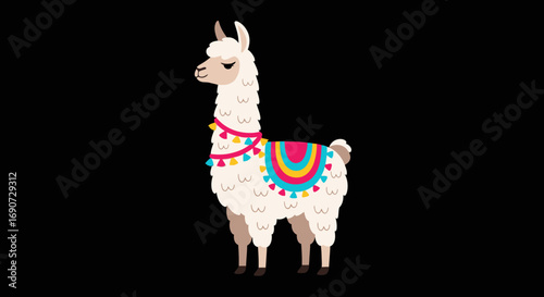 Charming llama stands proudly showcasing colorful decorative saddle blanket.