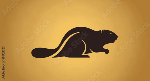 Silhouette of a beaver animal on a golden background simple design.