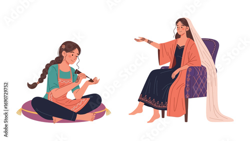 Two young women in traditional indian clothing one sitting on floor playing flute other seated in chair gesturing
