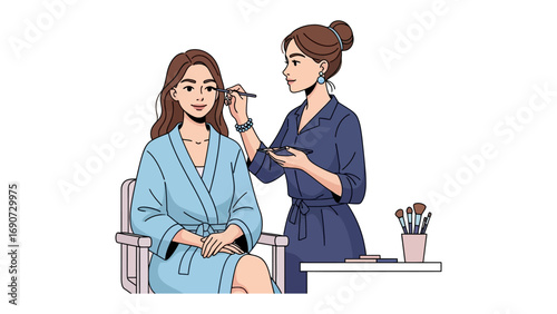 Professional makeup artist applying cosmetic makeup to a young woman sitting in a chair wearing a bathrobe