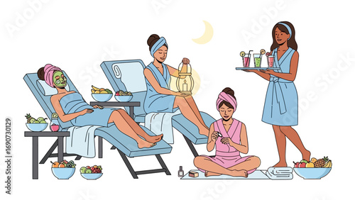 Relaxing spa day with facials and refreshments served by a waitress on a sunny afternoon