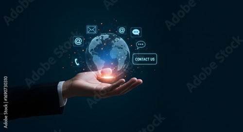 Global Contact Us Concept - Hand Holding Digital Earth with Communication Icons