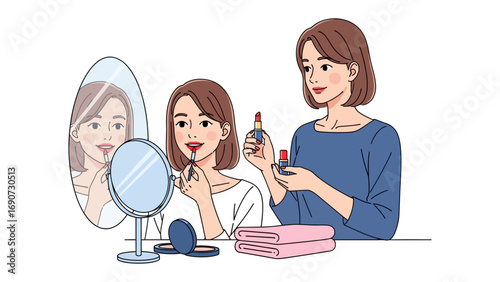 A young woman applying lipstick in a mirror while her mother holds a makeup brush preparing for an event together