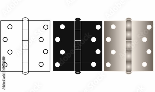 Vector illustration of door hinge icon set, including outline, solid black, and metallic gradient styles. Useful for construction, furniture, hardware, repair design.