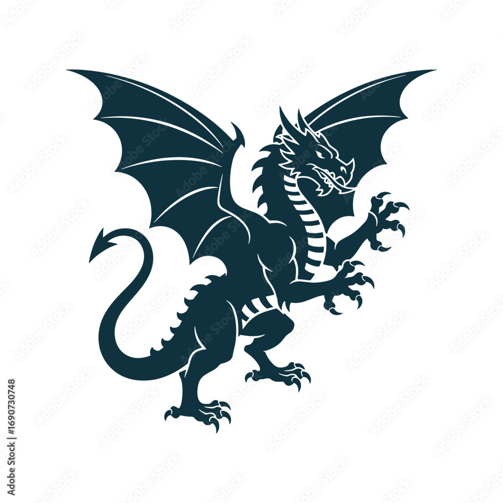 Naklejka premium Silhouette of a dragon with powerful wings spread, Vector Illustration.