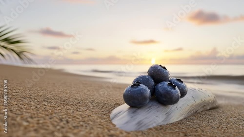 Blueberries on Driftwood at Sunset Beach: A Tropical Fruit Still Life