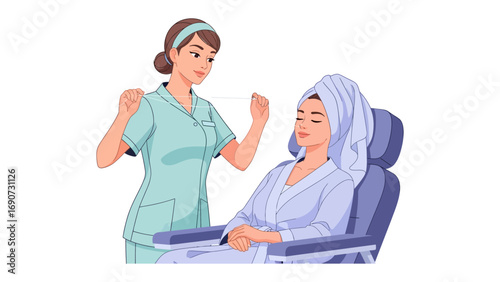 Skilled beautician carefully threading eyebrows for a relaxed client wearing a towel and robe in a spa setting
