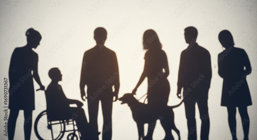 Obraz premium Overlapping Artistic Shadow Silhouettes Representing Social Inclusion, Accessibility, and Belonging – Modern Editorial Style with Minimal Background