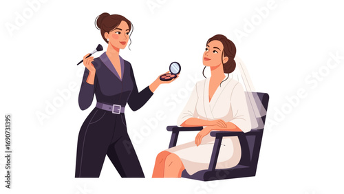 Professional makeup artist applying cosmetic powder to a seated woman s face with a brush in a beauty salon setting