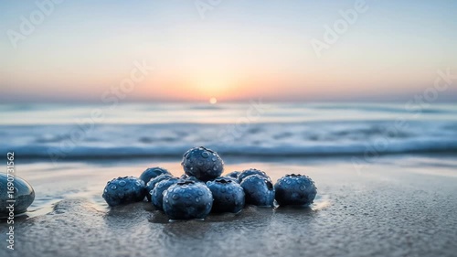 Coastal Sunrise Still Life with Blueberries and Stones