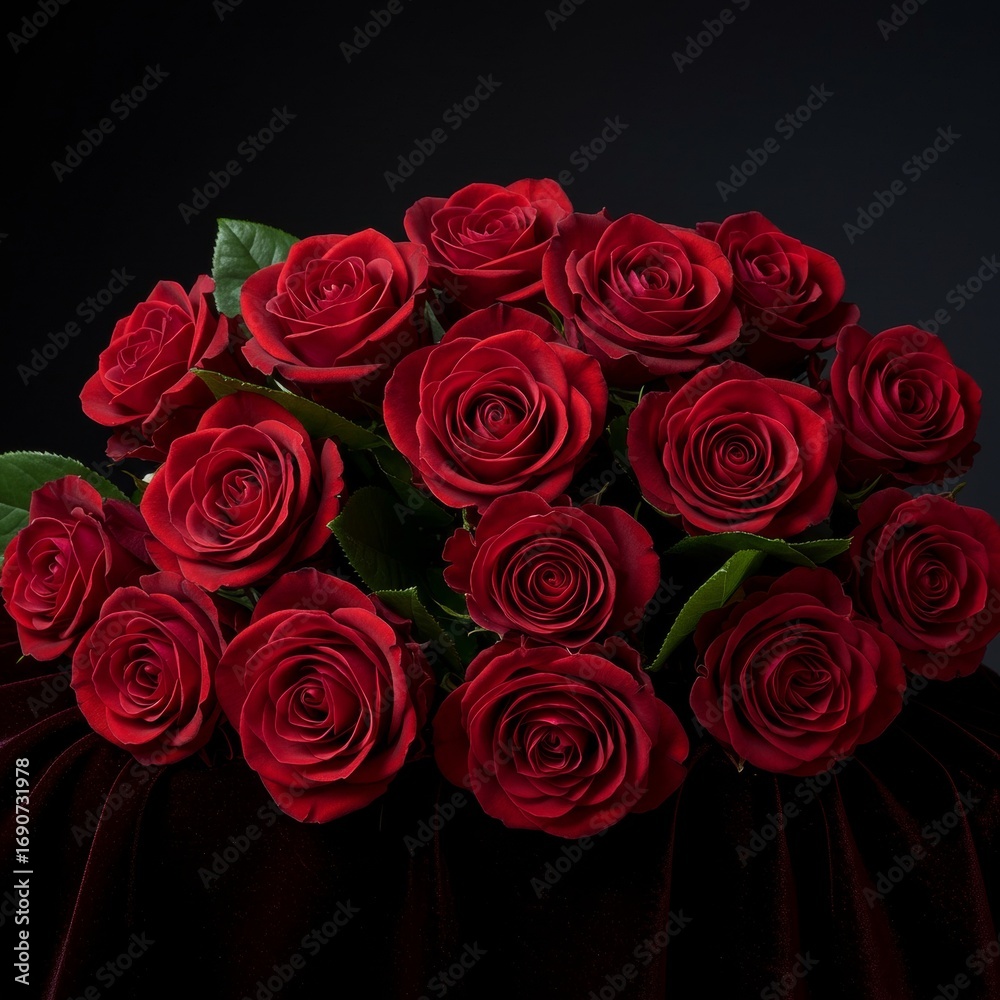Obraz premium Red roses bloom dramatically in dark studio setting