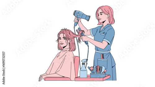 A skilled hairstylist with pink hair uses a hairdryer and comb to style a client s hair in a salon setting with tools and products on a tray