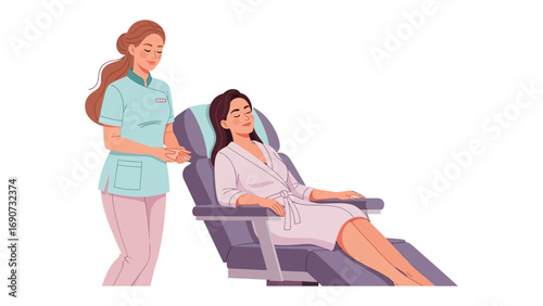 Young woman relaxing in a comfortable reclining chair while a friendly nurse or esthetician provides gentle care and support