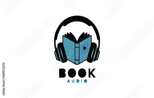 Modern audiobook player logotype with headphones and open book concept design for digital listening and learning platform
