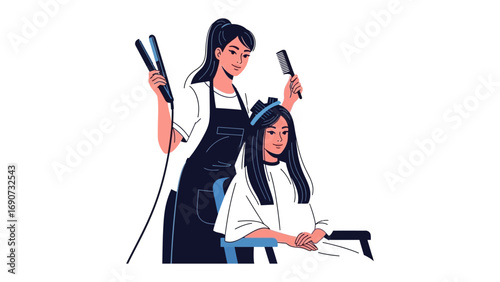 Two young women in a salon setting with one styling the other s hair using a flat iron and comb