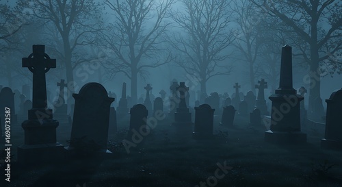Misty Graveyard at Night