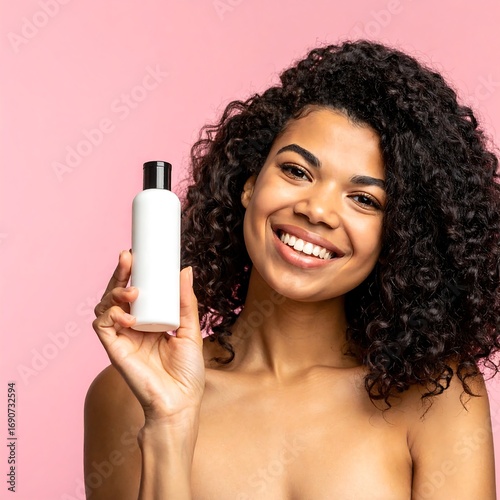 Woman holding a bottle against pink background