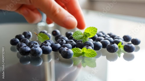 Fresh Blueberries and Mint on Glass Tabletop