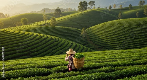 Tea farmer harvests crops on rolling green